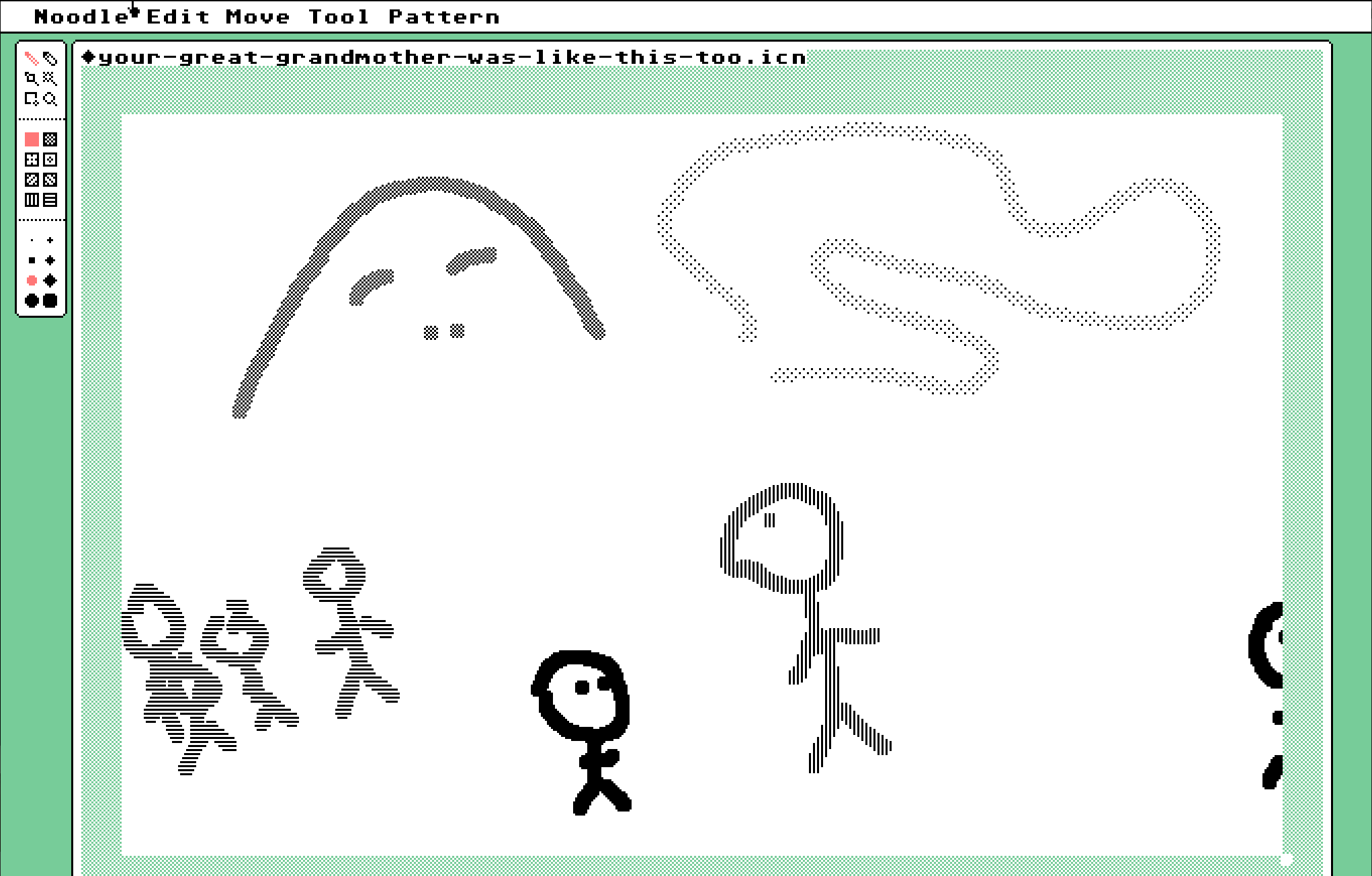 Screenshot of the noodle program for uxn, showing a drawing.  Ethereal figures interact around a small person who is looking slightly upward among them.  At the edge of the image where they are facing, another small person can be just seen partway out of frame, looking upward as well, facing towards the first.